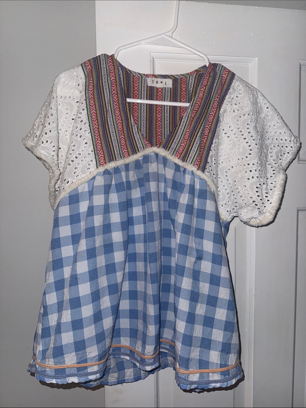 Embroidered Mixed-Media Peasant Top in Light Blue & White THML
